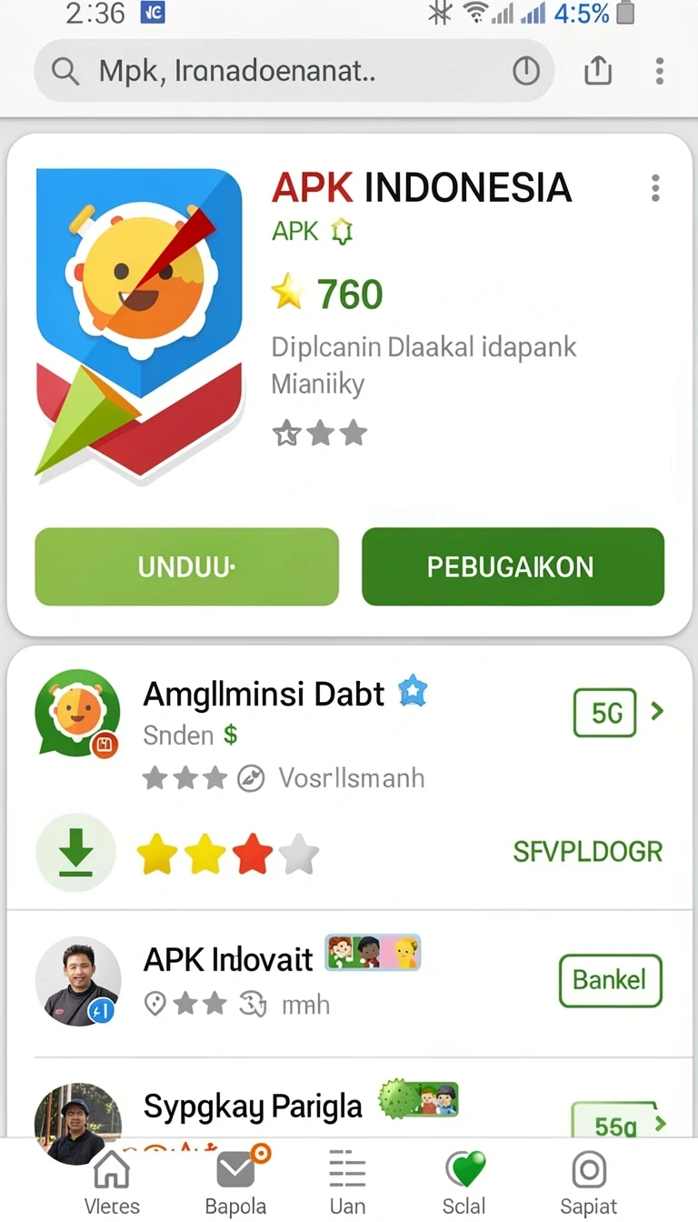 Kartu katalog menampilkan nama aplikasi, versi, ukuran, dan rating dalam satu pandangan.